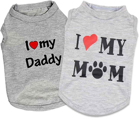 2 Pack Puppy T Shirt Dog Clothes I Love My Daddy Mommy Small Dog Shirts Puppy T-Shirt for Small Dogs