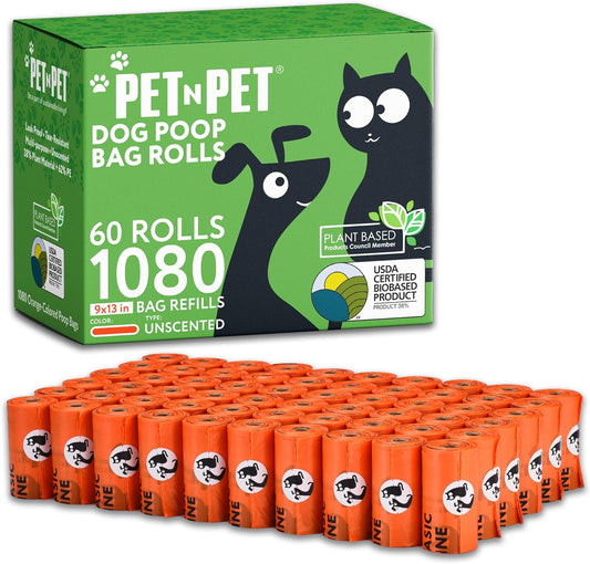 1080 Counts Orange Poop Bags for Dogs, 38% Plant Based & 62% PE Extra Thick Dog Poop Bags Rolls, 9" X 13" Unscented Dog Bags for Poop, Doggy Poop Bags, Cat Poop Bags, Dog Waste Bags